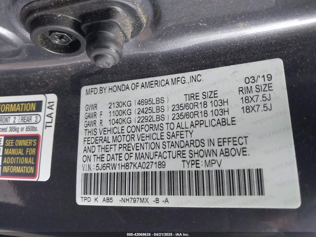 5J6RW1H87KA027189 Honda Cr-v Ex-l