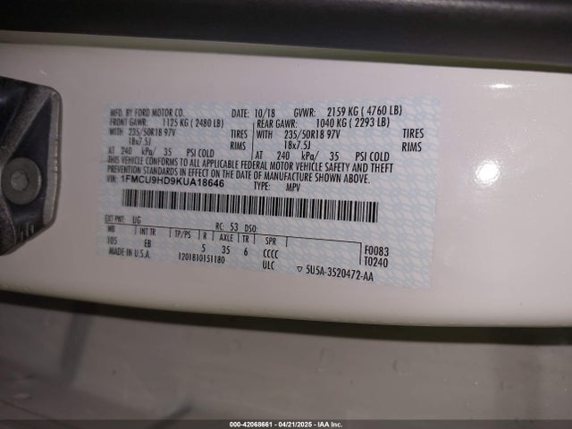 1FMCU9HD9KUA18646 Ford 1.5l gtdi sigma w/premium fuel