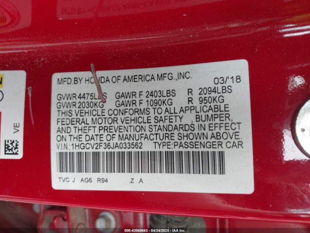 1HGCV2F36JA033562 Honda Accord Sport 2.0t