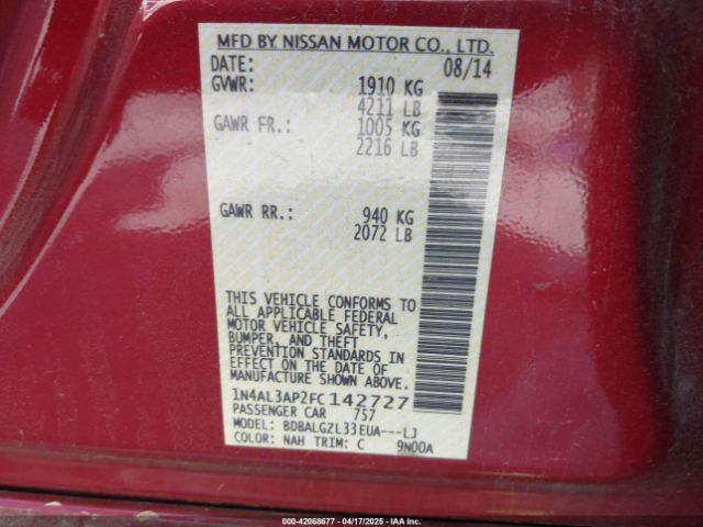 1N4AL3AP2FC142727 Nissan Altima 2.5 S