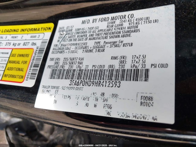 Ford FUSION SE 2017 3FA6P0HD9HR412593 Image 9