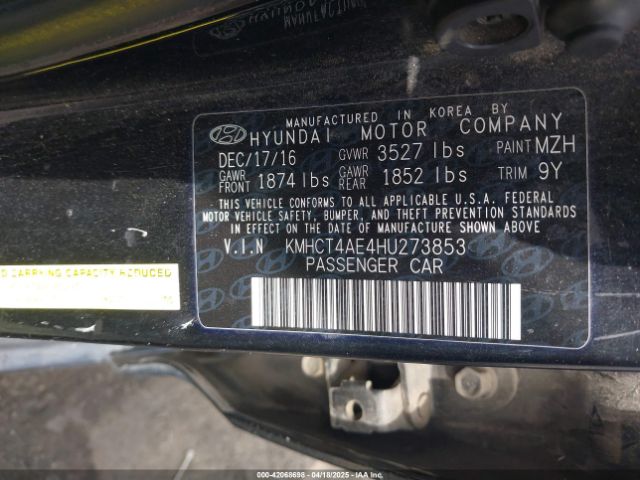 KMHCT4AE4HU273853 Hyundai ACCENT SE