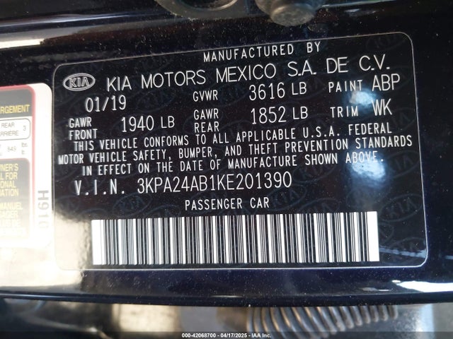 3KPA24AB1KE201390 KIA RIO S
