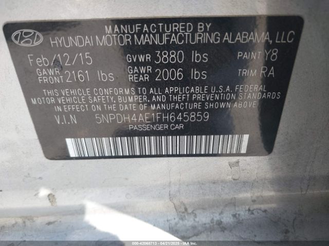 5NPDH4AE1FH645859 Hyundai ELANTRA SE