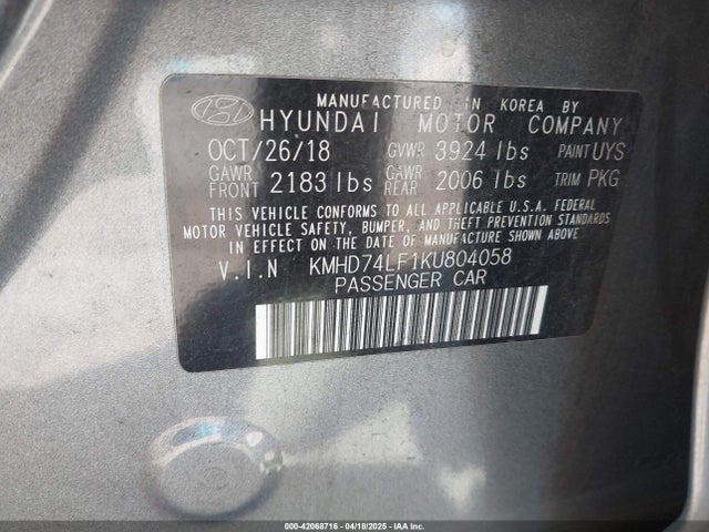 KMHD74LF1KU804058 Hyundai ELANTRA SE