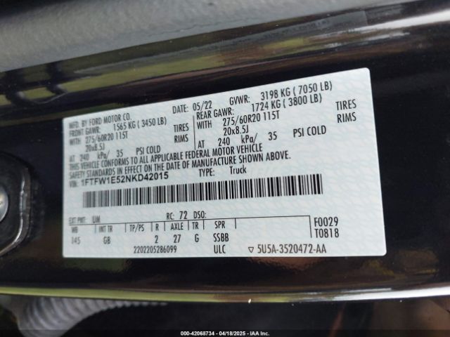 1FTFW1E52NKD42015 Ford 5.0l-4v