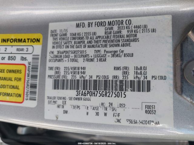 3FA6P0H75GR275015 Ford FUSION SE