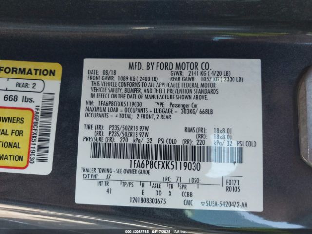 1FA6P8CFXK5119030 Ford Mustang Gt Premium