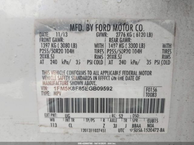 1FM5K8F85EGB09592 Ford Explorer Limited