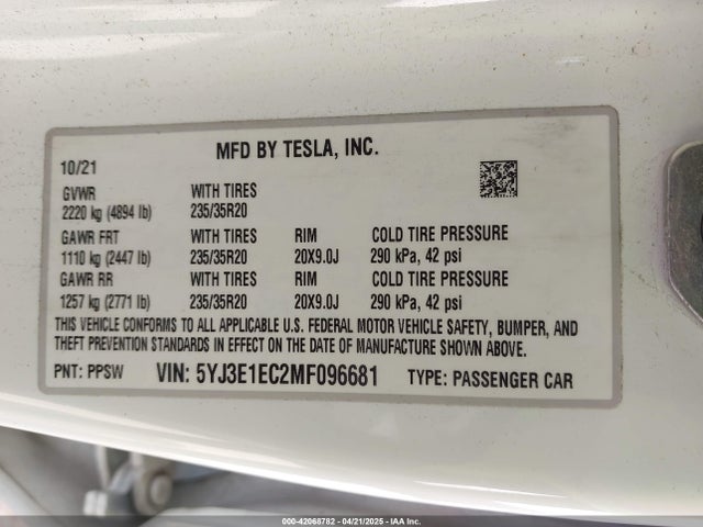 2021 TESLA MODEL 3 5YJ3E1EC2MF096681 Photo 8