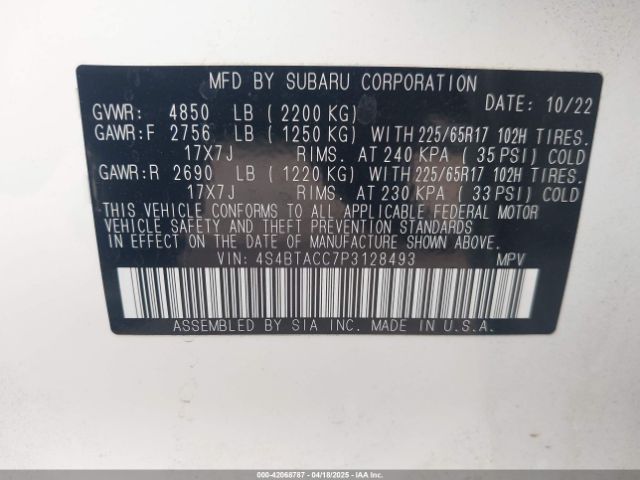 4S4BTACC7P3128493 Subaru Outback Premium