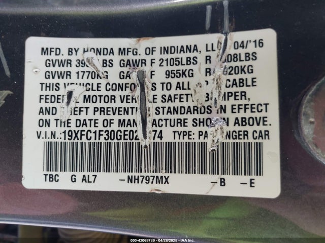 19XFC1F30GE021974 Honda Civic Ex-t