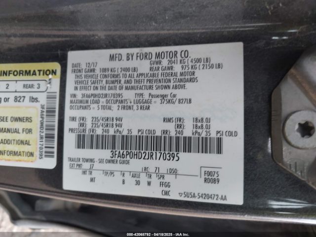 3FA6P0HD2JR170395 Ford FUSION SE