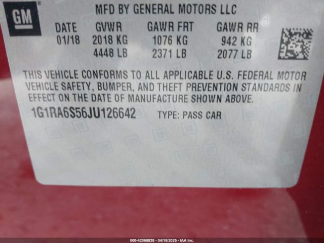 1G1RA6S56JU126642 Chevrolet VOLT LT