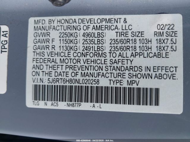 5J6RT6H80NL020258 Honda Cr-v Hybrid Ex-l
