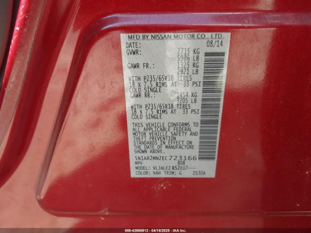 5N1AR2MN2EC723166 Nissan Pathfinder Sv