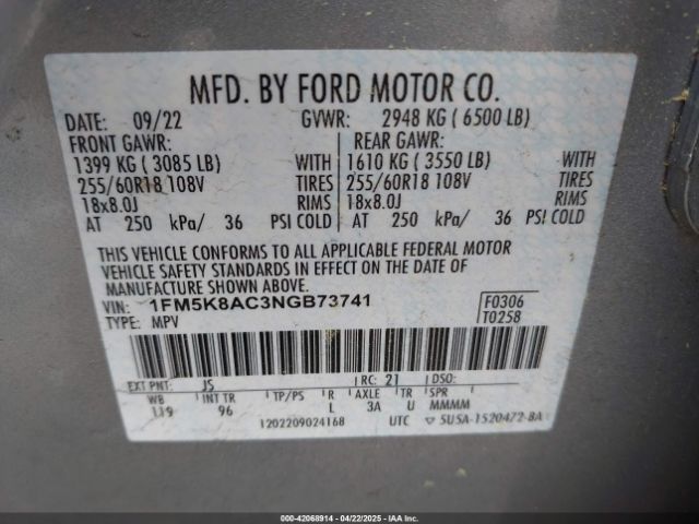 1FM5K8AC3NGB73741 Ford Police Interceptor