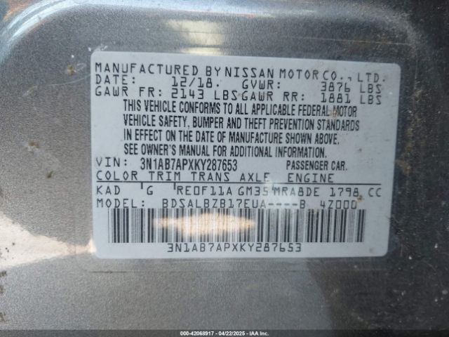 3N1AB7APXKY287653 Nissan SENTRA S