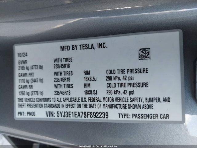 5YJ3E1EA7SF892239 Tesla Model 3 Long Range Rear-wheel Drive
