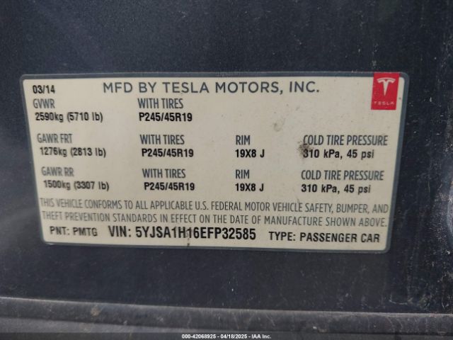 5YJSA1H16EFP32585 Tesla Model S P85