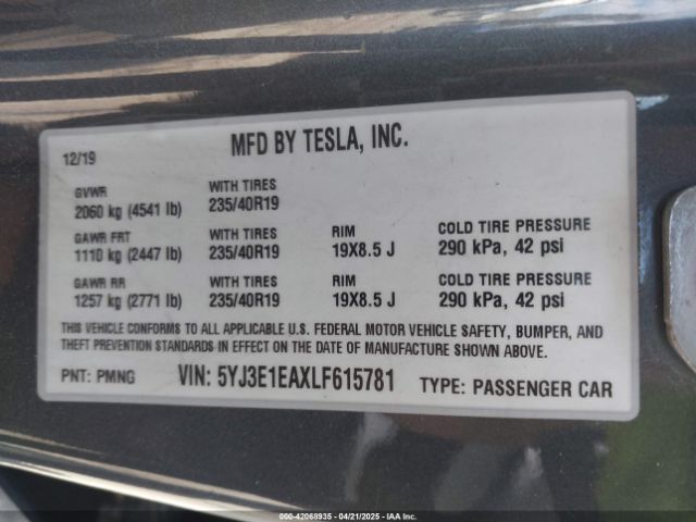5YJ3E1EAXLF615781 Tesla Model 3 Standard Range Plus Rear-wheel Drive/standard Range Rear-wheel Drive