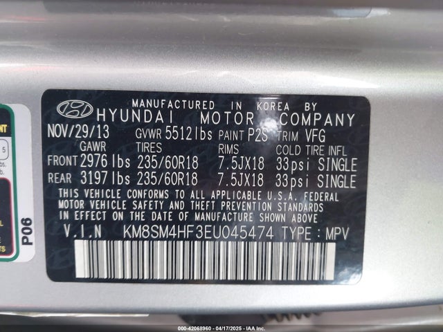 KM8SM4HF3EU045474 Hyundai Santa Fe Gls