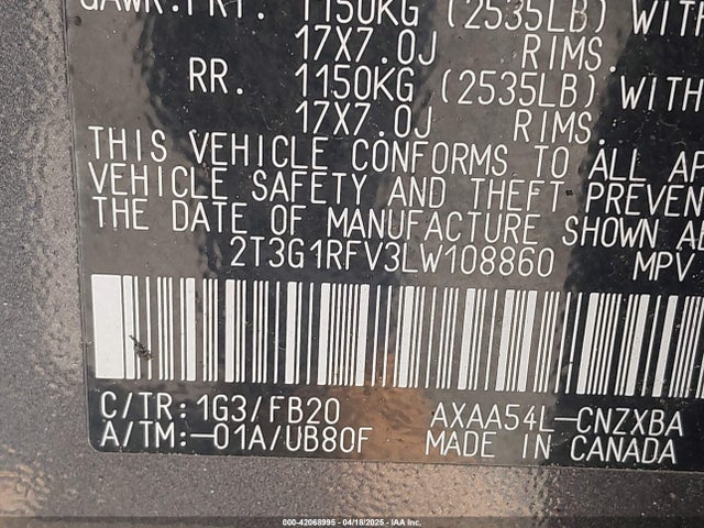 2T3G1RFV3LW108860 Toyota RAV4 LE
