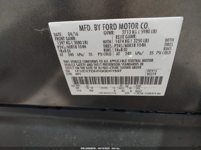 1FM5K7DH0GGD01597 Ford EXPLORER XLT