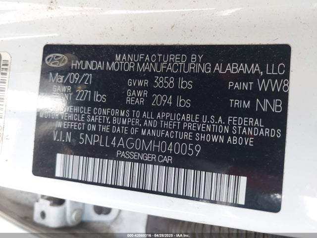 5NPLL4AG0MH040059 Hyundai ELANTRA SE