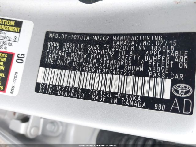 2T1BURHE9FC467210 Toyota COROLLA LE