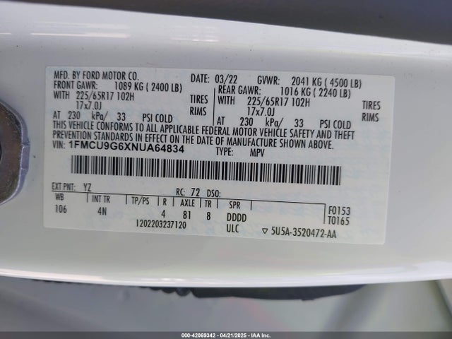 1FMCU9G6XNUA64834 Ford ESCAPE SE