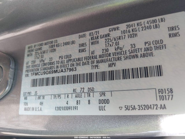 1FMCU9G69MUA37963 Ford ESCAPE SE