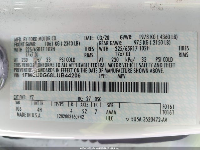 1FMCU0G68LUB44206 Ford ESCAPE SE