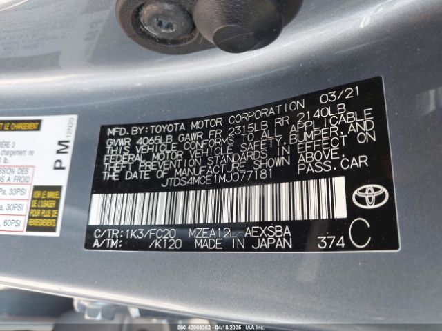JTDS4MCE1MJ077181 Toyota COROLLA SE