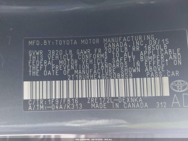 2T1BURHE4GC508859 Toyota COROLLA LE