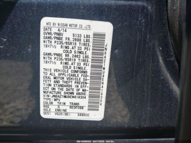JN8AZ1MU9EW414304 Nissan MURANO SL