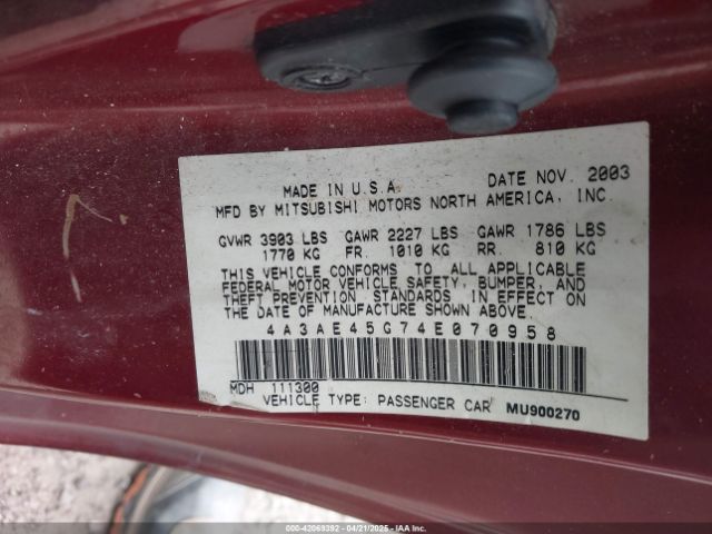 2004 MITSUBISHI ECLIPSE SPYDER 4A3AE45G74E070958 Photo 8