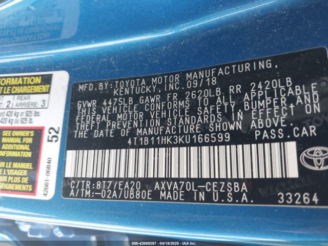 4T1B11HK3KU166599 Toyota CAMRY SE
