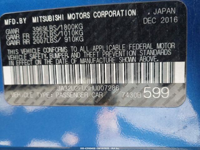 JA32U2FU3HU007286 Mitsubishi LANCER ES