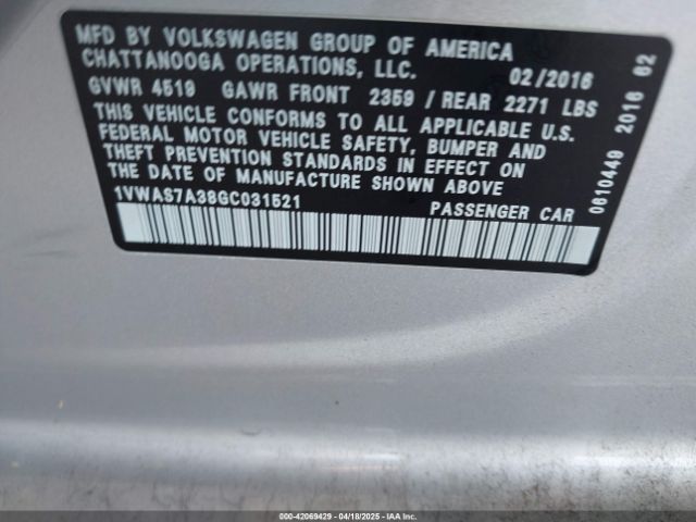 1VWAS7A38GC031521 Volkswagen Passat 1.8t S