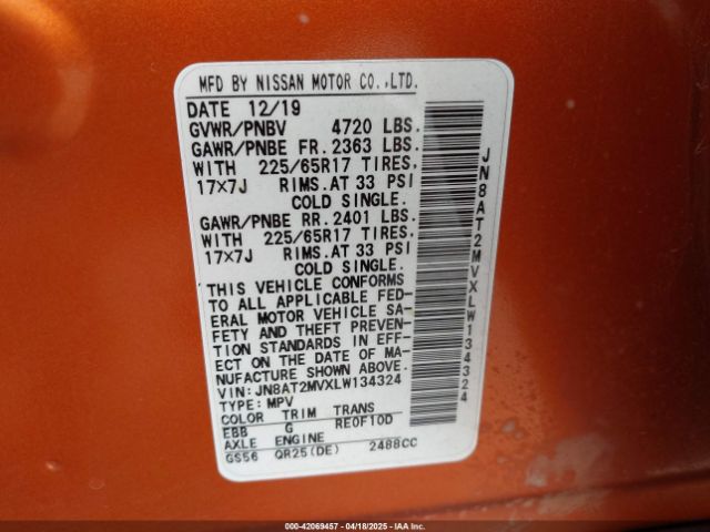 JN8AT2MVXLW134324 Nissan Rogue Sv Intelligent Awd