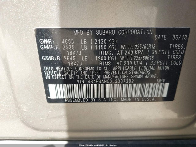 4S4BSANC0J3387382 Subaru Outback 2.5i Limited