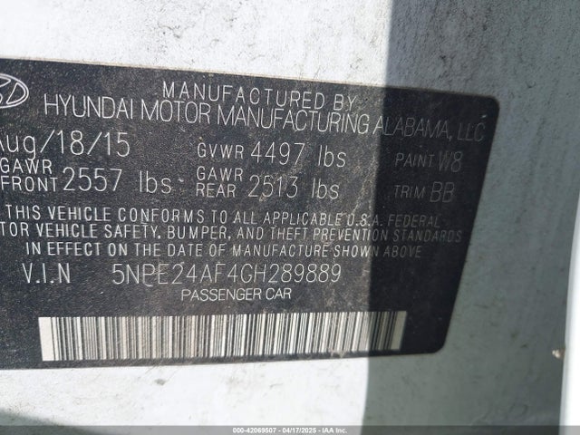 5NPE24AF4GH289889 Hyundai SONATA SE