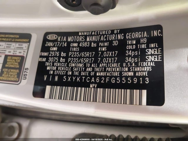 5XYKTCA62FG555913 KIA SORENTO LX