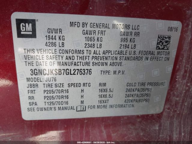 3GNCJKSB7GL276376 Chevrolet Trax 1ls