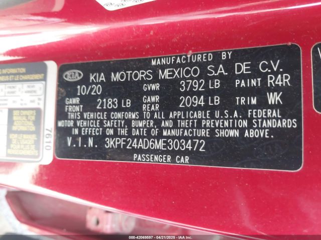 3KPF24AD6ME303472 KIA Forte Lxs