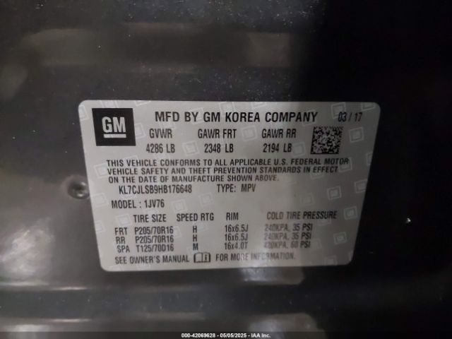 KL7CJLSB9HB176648 Chevrolet Trax Lt