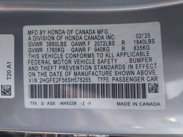 2HGFE2F56SH576265 Honda Civic Sport