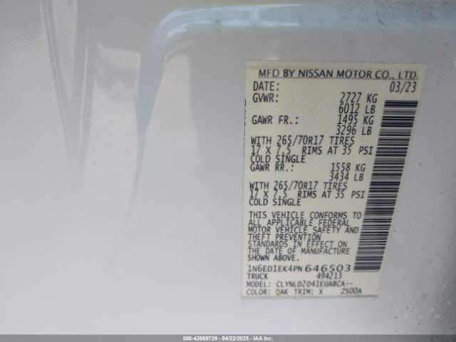 1N6ED1EK4PN646503 Nissan Frontier Pro-4x 4x4