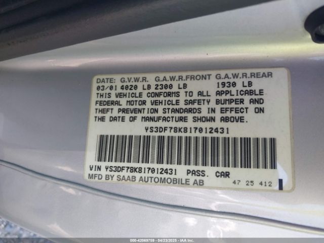 2001 SAAB 9-3 YS3DF78K817012431 Photo 8